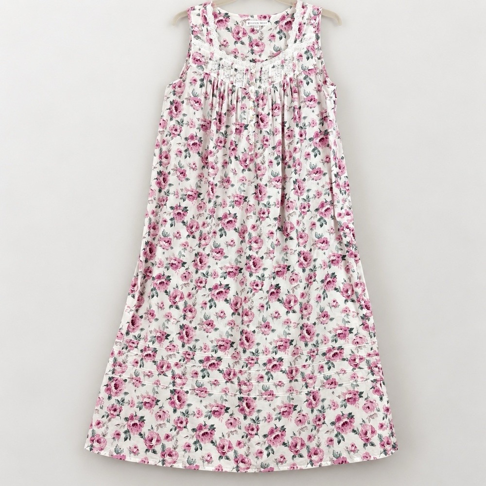 Eileen West Nightgown Large Pink Rose Floral Cotton Lace Pintuck Long Gown
